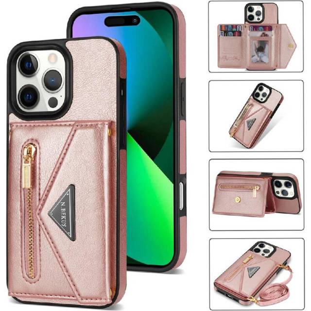 (Rose Gold ) Compatible with iphone 16 Pro Max Zipper Pocket Case Card Holder Pu Leather Wallet Case Protective Cover Magnetic Buckle