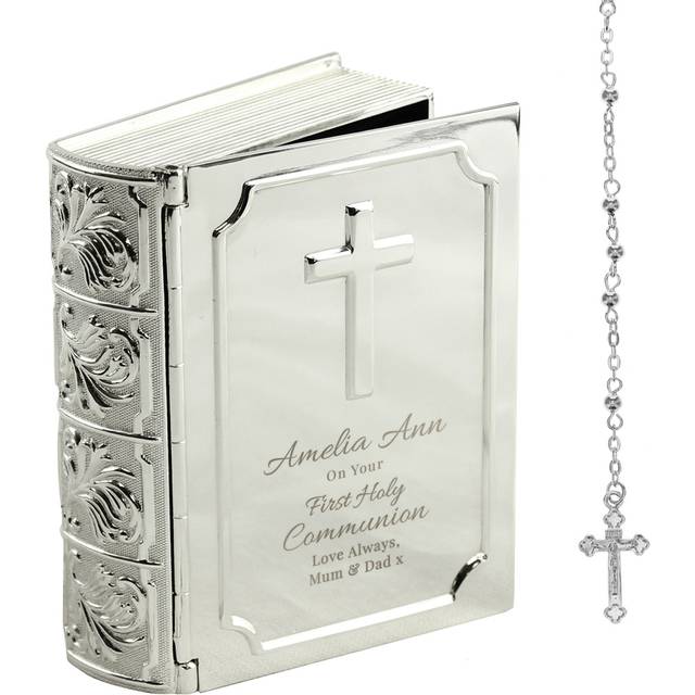 Personalised First Holy Communion Bible Trinket Box with Rosary Beads - Silver - One Size