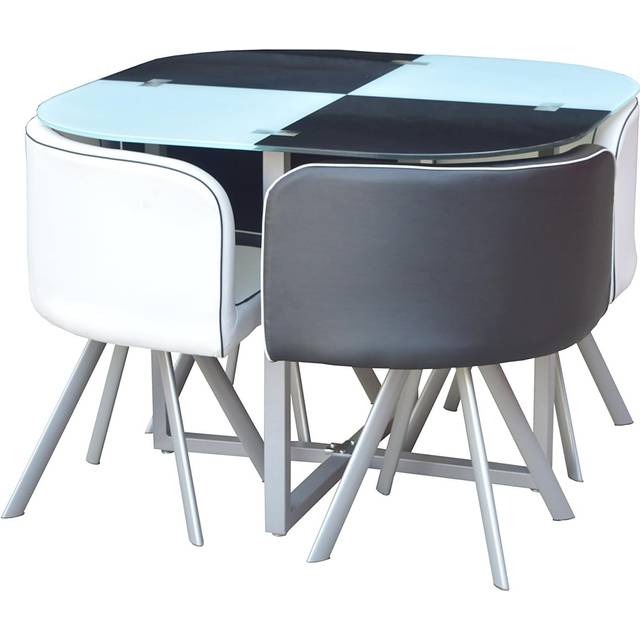 Kosy Koala Dining Table and 4 Chairs Space Saver Glass White and Black Square Table 4 Leather Chairs Dining Room, Multi