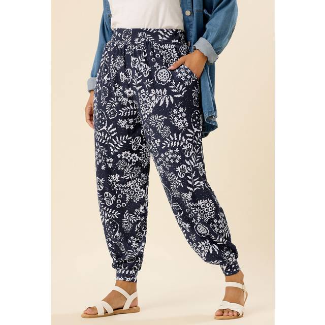 Yours Curve Navy Blue Leaf Print Cuffed Harem Trousers, Women's Curve & Plus Size, Yours - 30-32