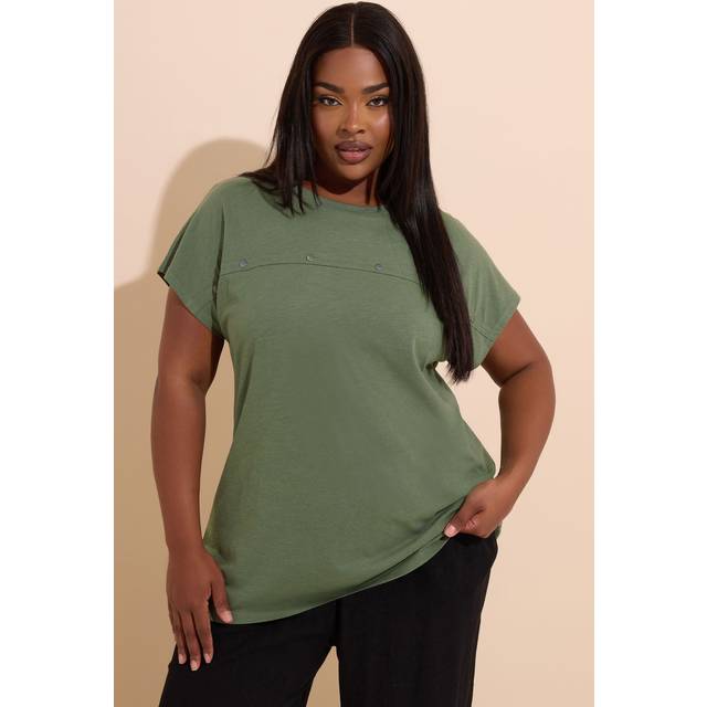 Yours Curve Khaki Green Cotton Stud Detail Tshirt, Women's Curve & Plus Size, Yours - 20