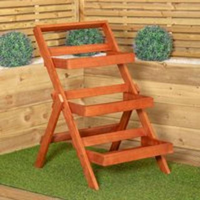 Outdoor 3 Tier Wooden Foldable Plant Display Stand - Brown - One Size