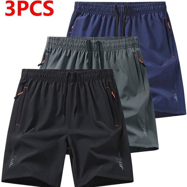 TEMU 3pcs Men's Athletic Shorts, Breathable Quick-dry Polyester With Zipper Pockets And Drawstring, Solid Style, Suitable For Running And Fitness, Mid-rise Regular Fit