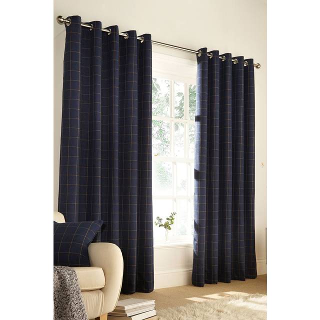 furn. Ellis Check Ready Made Eyelet Curtains Navy - Blue
