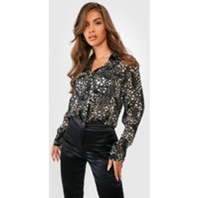 Womens Satin Stripe Animal Print Shirt - Black - 10, Black