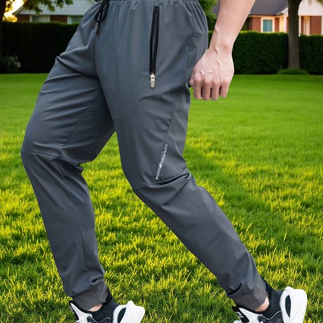 TEMU Men's Lightweight Red Joggers With Zipper Pockets - Casual Sports Pants, Elastic Waistband, Polyester Blend, Ideal For Running & Outdoor Activities, Jogging Pants