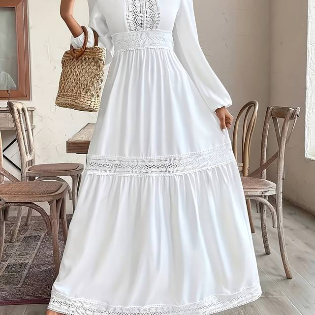 TEMU New European And American Spring And Autumn Lantern Sleeve Long Lace Hollow Out Flared Dress