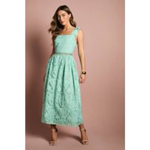 3D Flower Trim Lace Midi Dress - Blue - 8