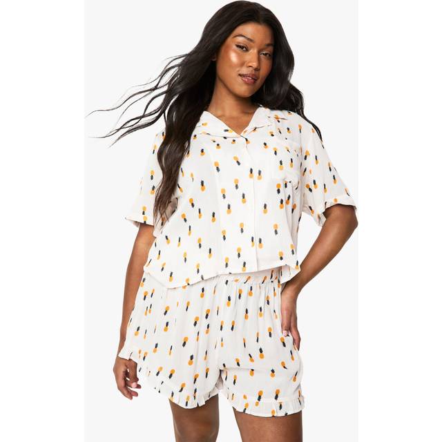 Womens Plus Pineapple Print Cheesecloth Boxy Shirt & Short Pyjama Set - Yellow - 20