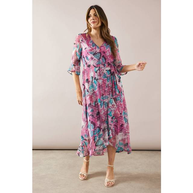 Womens Floral Glitter Spot Ruffle Midi Dress - Pink - 16