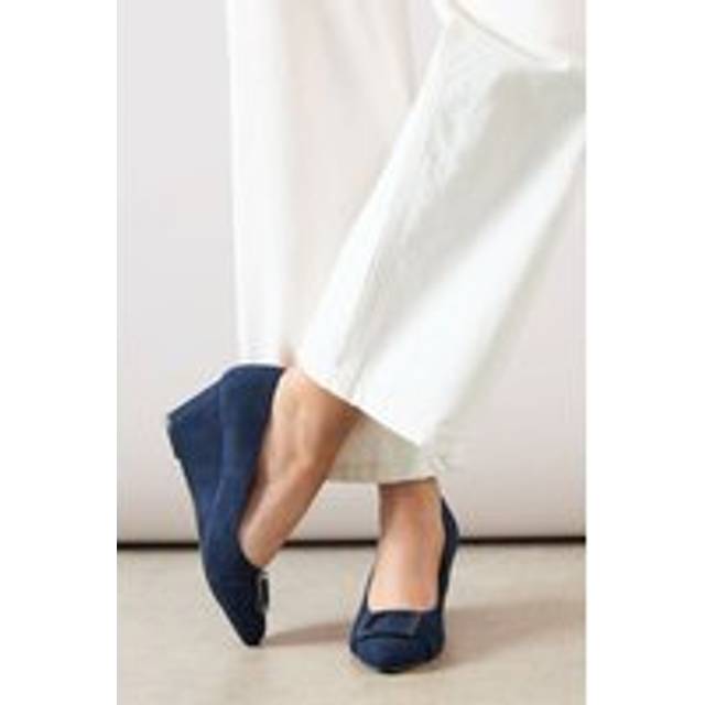Womens Wide Fit Darwin Faux Suede Almond Toe Covered Buckle Medium Wedge Court Shoes - Navy - 6