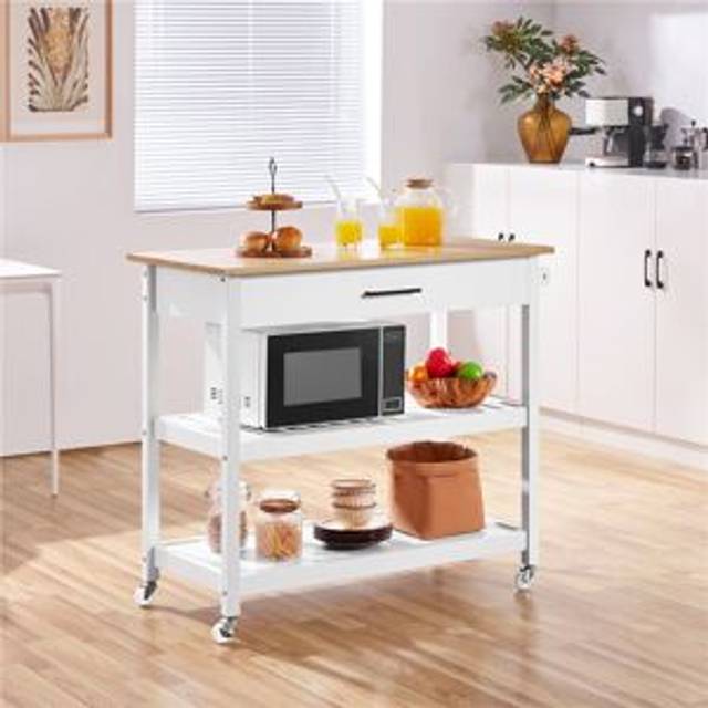 101.5 Cm Solid Wood Kitchen Island with Locking Wheels - White (92.5cm H X 101.5cm W X 51cm D)