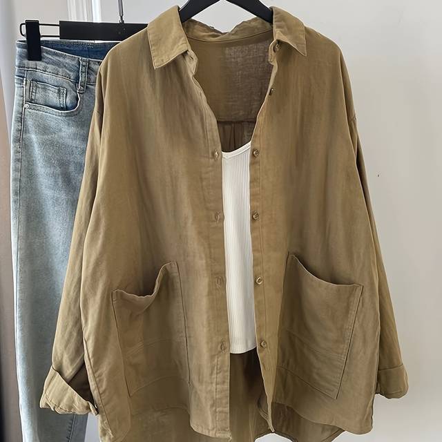 TEMU Women's Vintage-inspired Double-bodied Double-pocket Solid Color Blouse - Lightweight Button-up Shirt For Spring & Fall