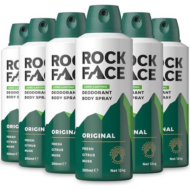 Rock Face Men's Body Spray - Original Fragrance Body Spray Deodorant for Men, 200ml, Fresh Citrus Scent, Long Lasting, Multipack of 6