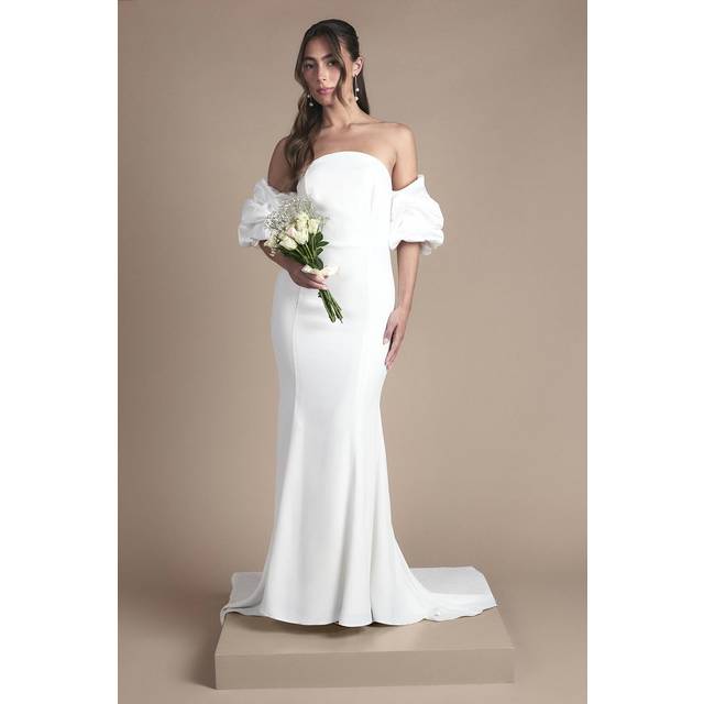 Puff Sleeve Bardot Fishtail Wedding Dress - Ivory - 14
