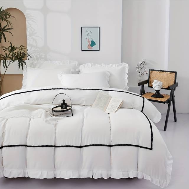 TEMU 3pcs Polyester Surface Small Ball Black + Lace Quilt Kit, Bedding Three-piece Set, 1 Duvet Cover And 2 Pillowcases, French Boho