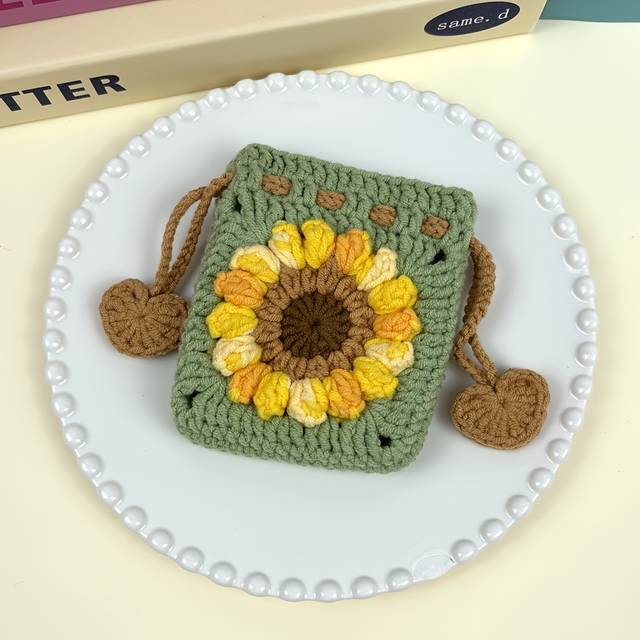 TEMU Handmade Crochet Sunflower Coin Purse - Green Floral Drawstring Pouch For , Jewelry & Earbuds - Lightweight & Decorative - Perfect Gift For On Teacher's Day, 's Day, Or , Sunflower Crochet