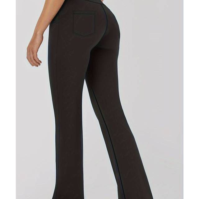 TEMU Women's Plus Size Athletic Flare Leggings With Pockets - Casual High Waisted Solid Color Stretch Long Pants