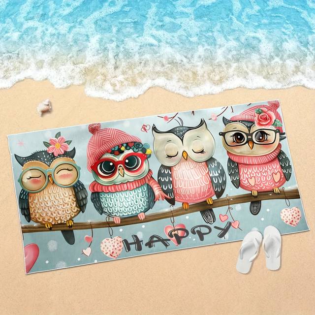 TEMU Owl Cartoon Beach Towel - , Soft And Absorbent, Lightweight, Suitable For Swimming, Camping, Traveling, Beach Accessories, Must-have Gifts For Holidays
