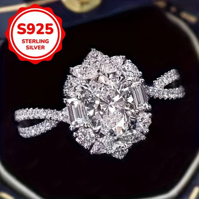 TEMU Elegant S925 Sterling Silver Oval Zirconia Ring, Pigeon Egg Cut, Women's Wedding Engagement, Gift, 3g, Luxurious, Jewelry Gift