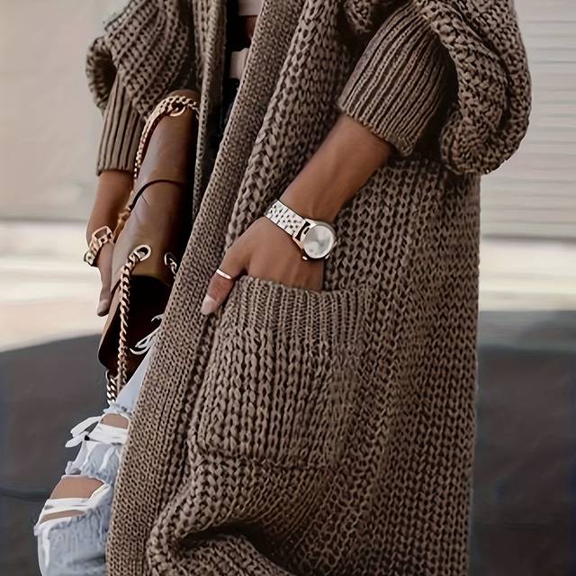 TEMU Women's Cozy Long-sleeve Cable Cardigan With Pockets - Brown, Casual Fall & Winter Sweater For Casual Attire, Casual Winter Wear | Cable Pattern | Texture