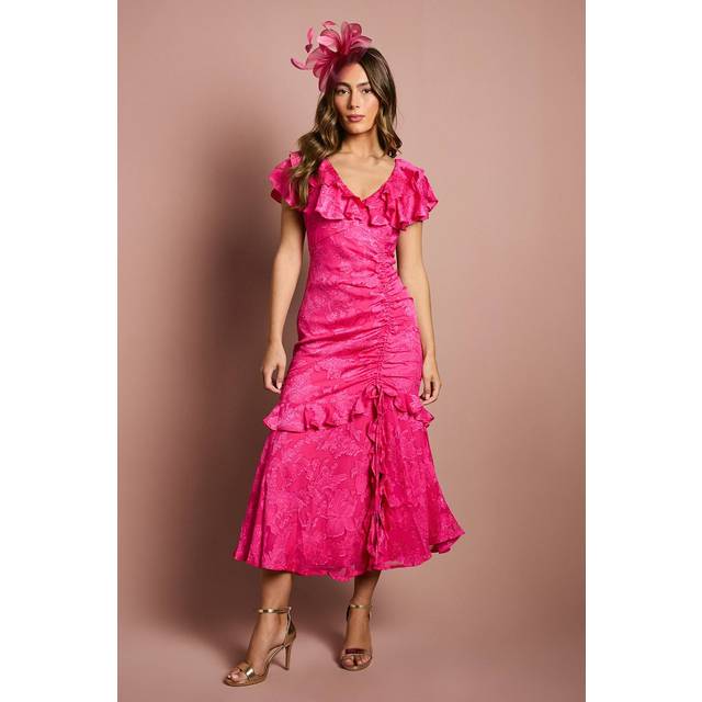Frill V Neck Jacquard Midaxi Wedding Guest Dress - Pink - 8