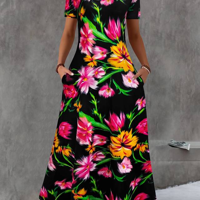 TEMU Women's Floral Print Tunic Dress, Style, Short Sleeve, Crew Neck, Pocket Detail, Polyester 95% Spandex 5%, Medium Stretch Knit Fabric, 190 G/m² - Plus Size Casual Maxi Dress