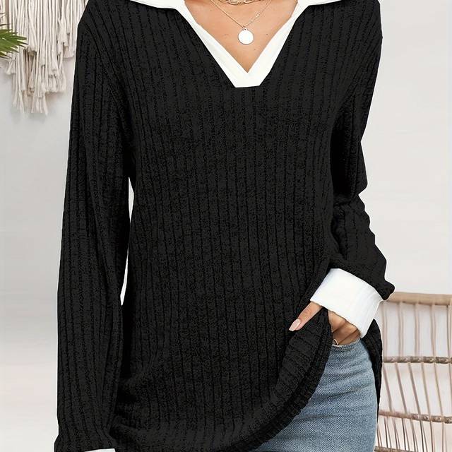TEMU Women's Casual V-neck Long Sleeve T-shirt - Ribbed Detailing, Relaxed Fit, Solid Color, Machine Washable, Plus Size Friendly For Autumn/winter, Cute Long Sleeve Tops, Medium Elasticity Fabric