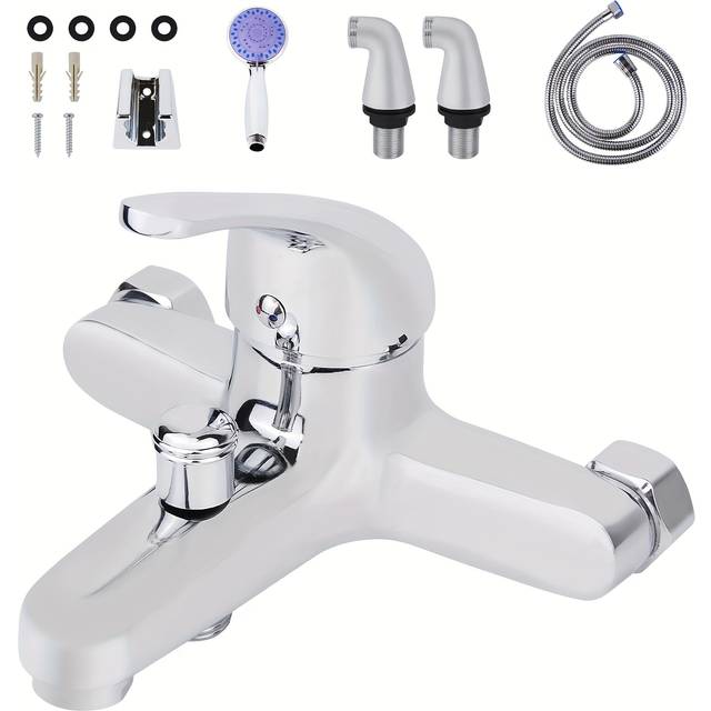 TEMU Bathroom Shower Mixer Taps For Bath Luxury Bathroom Chrome Solid Brass Sink Bath Filler Tap Shower Mixer Taps With Hand Held Shower Handset And Hose Attachment Single Lever Deck Mounted