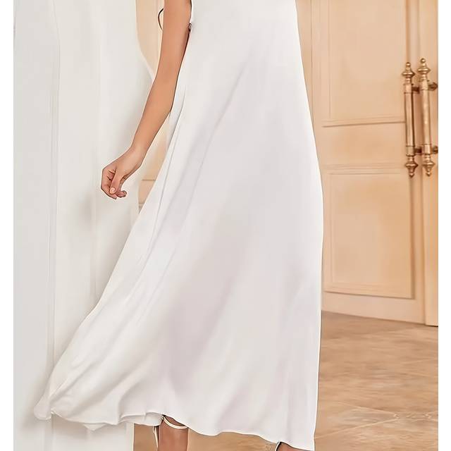 TEMU Women's Elegant Ramadan Solid Crew Neck Kaftan Dress - Sleeveless Maxi, Polyester, White With Crescent Design, Eid Al-fitr Celebrations, Elegant Attire| Dress|polyester Fabric