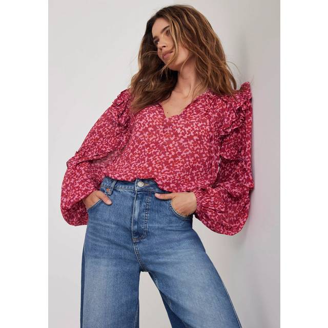 Mint Velvet Floral Ruffle Top, Pink/Multi