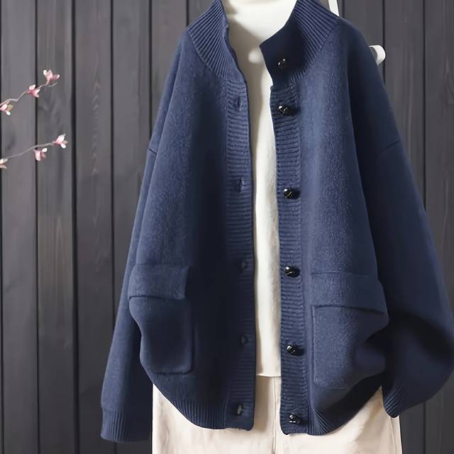 TEMU Women's Navy Blue Knit Cardigan - Oversized, Long Sleeve, Button-up Pullover With Pockets, Fall & Winter, , Polyester Blend, Autumn Winter Apparel | Cardigan | Knit Construction, Sweater Cardigan