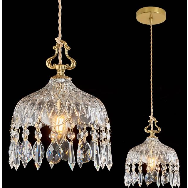 TEMU Brass Vintage Glass Pendant Light Crystal Hanging Light Fixtures, Adjustable Height Single Head Pendant Lights For Dining Room Living Room Bedroom Hallway (not Bulb)