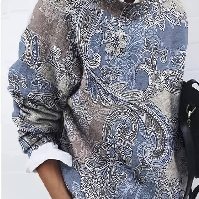 TEMU Women's 3d Floral Print Cardigan - -over Paisley Pattern Sweater, Blue/beige/brown/gray, Round Neck Layering Piece For Casual & Formal Outfits, Versatile Outfit Addition, Soft Texture Apparel