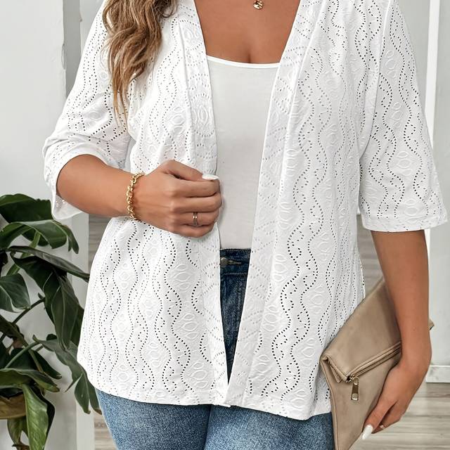 TEMU Plus Size - Elegant Plus Size Cardigan For Women - 3/4 Sleeve, Jacquard Texture, White, Stretchy & Comfortable, Spring/summer/fall, Ideal For Dates And Commuting