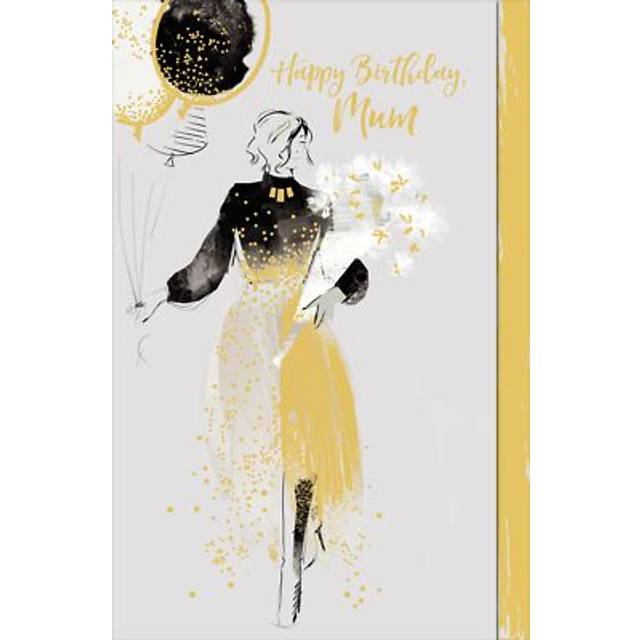 Mum birthday card lady holding gold flowers and balloons large