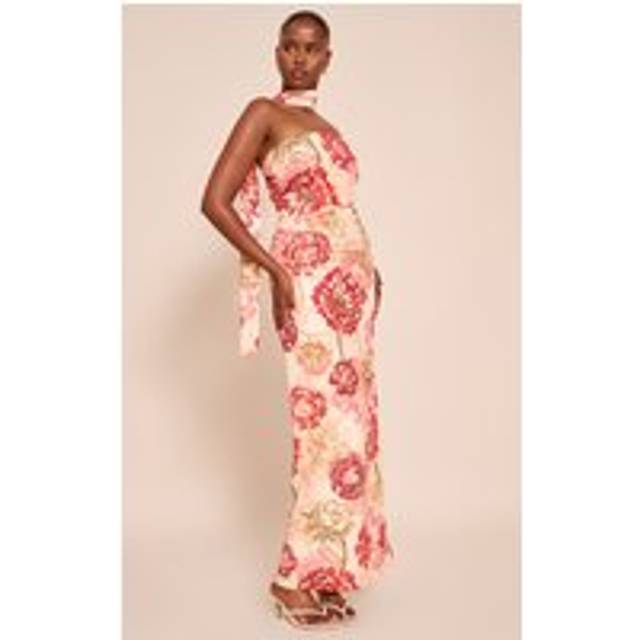 Multi Floral Print Bandeau Scarf Detail Chiffon Maxi Dress, Multi - 8