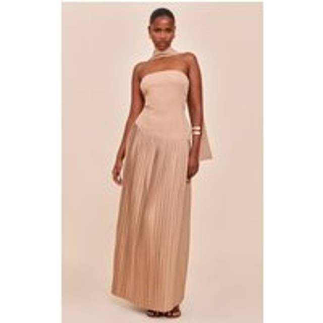 Taupe Woven Asymmetric Pleated Maxi Dress, Brown - 16