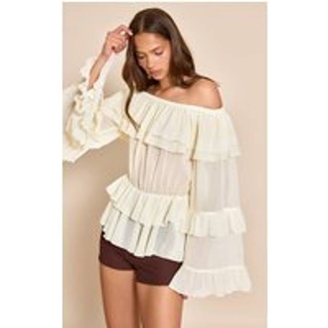 Cream Chiffon Tiered Ruffle Bardot Top, White - 12