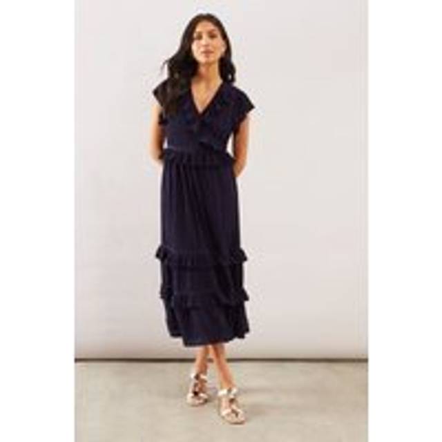 Wallis Crinkle Cheesecloth Ruffle Midi Dress In Navy - navy - 16
