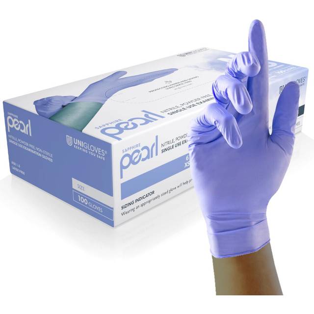 Unigloves Sapphire Pearl Nitrile Examination Multipurpose, Powder Free and Latex Free Disposable Box of 100 Gloves, Sapphire, Medium (GP0083)