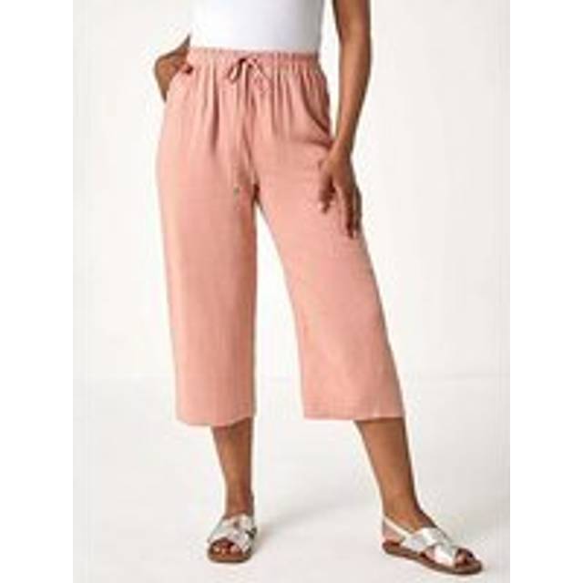 Linen Mix Wide Cropped Trousers - Pink - 14