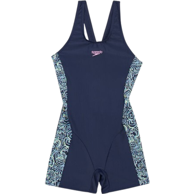 Speedo Girls Printed Leaderback Legsuit Size: 5-6 years, Colour: Navy/Pink