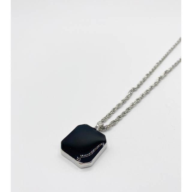 SVNX Mens Chain Necklace with Black Square Pendant Charm - Silver Zinc Alloy - One Size