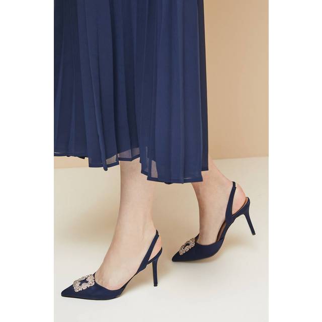 Womens Deneen Satin Pearl Trim Slingback High Heel Court Shoes - Navy - 4