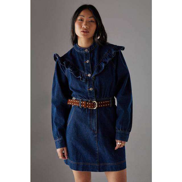 Womens Petite Denim Frill Yoke Relaxed Mini Shirt Dress - dark wash - Dark Wash - 6