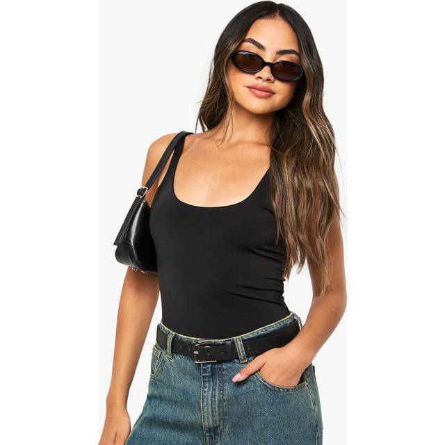 boohoo Women's Double Layer Scoop Neck Bodysuit in Black | Size: 6
