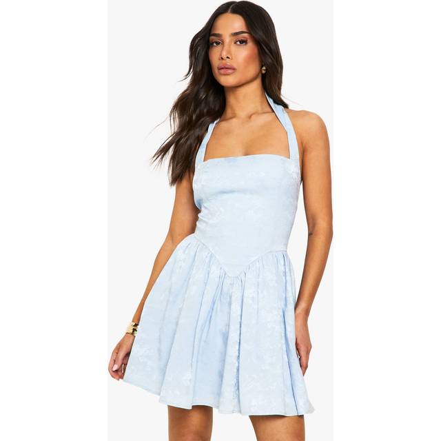 Womens Petite Halter Jaquard Square Neck Skater Dress - Blue - 14, Blue