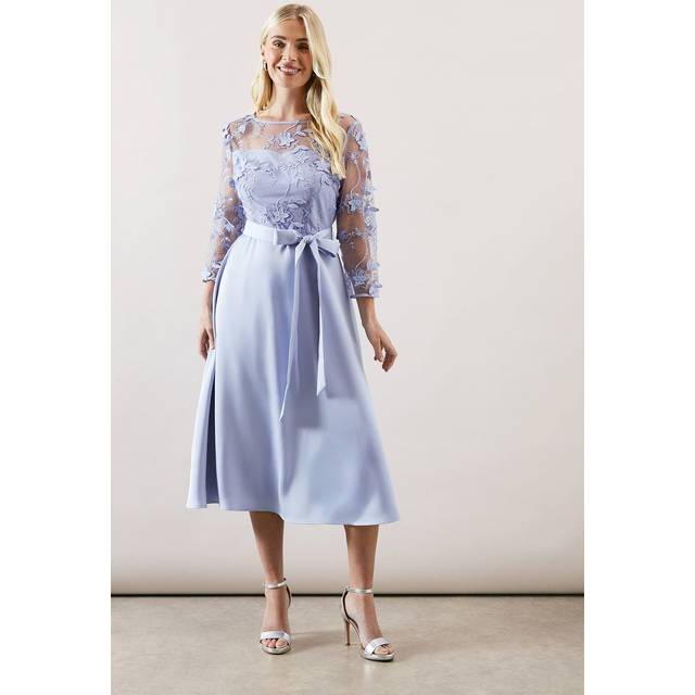Womens Petite Occasion Satin and Mesh Overlay Fit And Flare Dress - Berry - 14