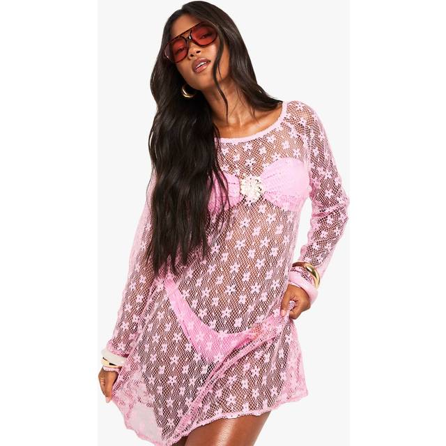 Womens Floral Fishnet Beach Dress - Pink - M